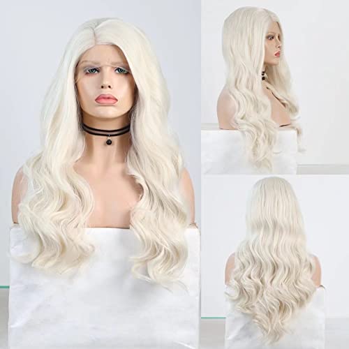 RONGDUOYI RDY platin sarışın sentetik dantel ön peruk yan kısmı ile 20 inç sarışın uzun vücut dalga saç peruk kadınlar için