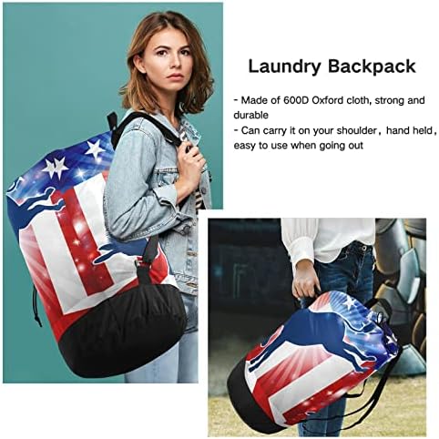 Amerikan Bayrağını Tekmeleyen Bir Eşek Naylon Çamaşır Torbası-İpli Kapatma ve Makinede Yıkanabilir Büyük Çantalar Çamaşır