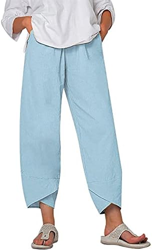 Mackneog Yüksek Bel Bayan kapri pantolonlar için Yaz Hafif Düz Renk Rahat Gevşek kapri pantolonlar Geniş Bacak Keten Kırpma