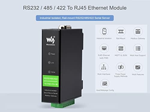 waveshare RS232/485/422 to RJ45 Ethernet Dönüştürücü, TCP/İP Seri, Modbus Ağ Geçidi Desteği, Endüstriyel İzole Ray Montajlı