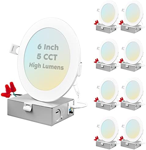 LUXRİTE 6 inç Ultra ince LED gömme ışık J-Box, 15W, 5 renk seçilebilir 2700K-5000K, 1400 lümen, kısılabilir LED gofret ışıkları,