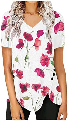 ayaso Bayan 2023 Yaz Rahat T-Shirt V Boyun Kısa Kollu Tunik Üstleri Düğme Dekor Çiçek Baskı Gevşek Fit Rahat Bluzlar