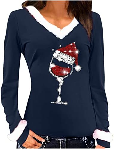 Bayan Noel Üstleri Komik şarap bardağı Grafik T Shirt Casual Uzun Kollu Kazak V Boyun Gevşek Rahat Tees Bluz