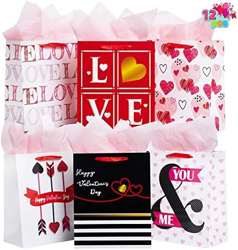 JOYIN 12 Adet Sevgililer Günü Kağıt Hediye Saplı Çanta 13x10. 5 inç, Zarif Kaplamalı Kuşe Kağıt Ambalaj Poşetleri Sevgililer
