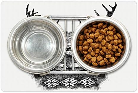 Yiyecek ve Su için Ambesonne Indie Pet Mat, İskandinav Tarzında Elle Çizilmiş Geyik Portresi Örme Kazak Yenilikçi Noel, Köpekler