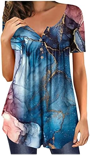 Kadın Üstleri 2023 Yaz Gizlemek Göbek Tshirt Mermer Baskı Dantelli Henley Gömlek Kısa Kollu V Boyun Tunik Üst Tayt