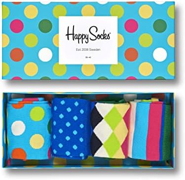 Mutlu Çoraplar 4'lü Paket Büyük Nokta Hediye Seti, renkli ve eğlenceli, Erkekler ve Kadınlar için Çoraplar, Mavi-Turuncu-Pembe-Yeşil-Sarı