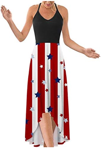 4th Temmuz Maxi Elbise Kadınlar için Yaz Casual Boho Elbise Amerikan Bayrağı Scoop Boyun Cami Kolsuz Kravat Boya Yensiz