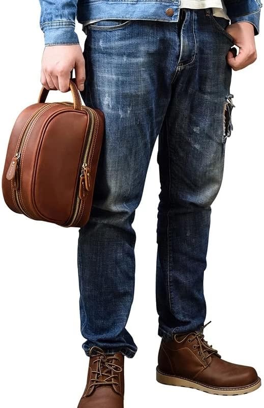 DNATS Deri Seyahat Makyaj Çantası erkek Vintage Hakiki Deri kozmetik çantaları Erkek Yıkama Depolama makyaj çantaları (Renk: