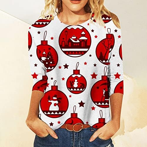 Bayan Uzun Kollu Üstleri Bayanlar Casual Fit Noel Sevimli Santa Baskı Üç Çeyrek Kollu Ekip Boyun Üst T Shirt