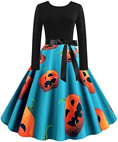 Cadılar bayramı Elbise Kadınlar için 1950s Vintage Uzun Kollu Salıncak Elbiseler Kabak Baskı Elbise Retro O Boyun Rockabilly
