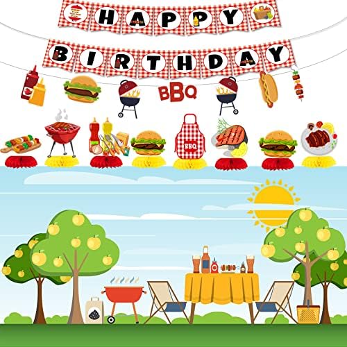 Çocuk Partisi Centerpieces, 7 adet BARBEKÜ Partisi Süslemeleri ve 1 takım BARBEKÜ Bayrağı ve 1 takım Mutlu Doğum Günü Bayrağı