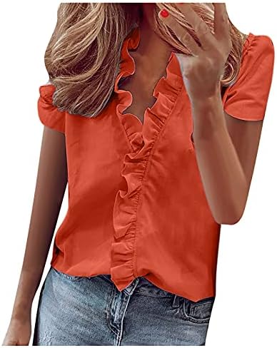 Kadınlar için yaz Üstleri Fırfır Uzun Kollu Gevşek günlük t-Shirt V Yaka Tunik Bluz Bayanlar Katı Artı Boyutu Gömlek