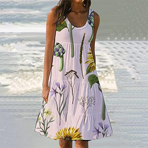 Fragarn Yensiz Kadınlar için Rahat Plaj, kadın Yaz Çiçek Baskı Plaj Elbise Yuvarlak Boyun Kolsuz Elbise