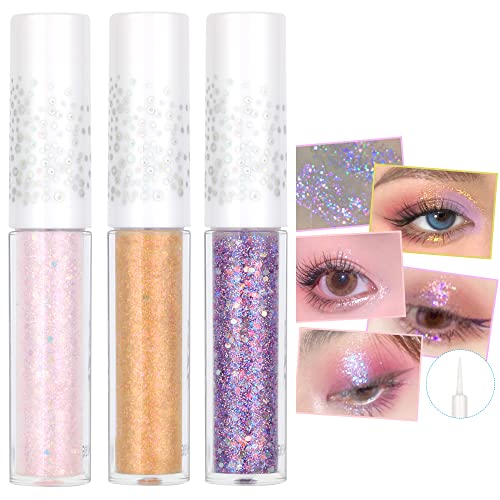Geeneıya 3 Paket Glitter Sıvı Göz Farı Kore Göz Makyajı Glitter Sıvı Eyeliner, Pigmentli, Uzun Ömürlü, Çabuk Kuruyan, Kristaller