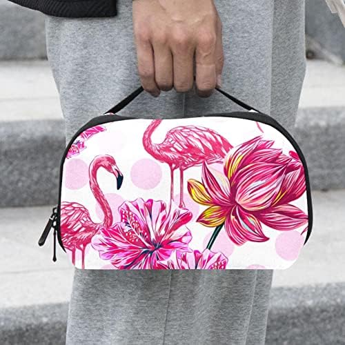 Taşıma çantası Seyahat kılıf çanta USB kablo düzenleyici Cep Aksesuar Fermuar Cüzdan, Tropikal Pembe Çiçek Flamingo