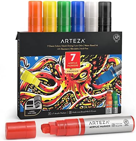 ARTEZA Akrilik Boya Kalemleri, Klasik Renklerde 7 Akrilik Boya Kalemi, 3'ü 1 Arada Çok Satırlı Hazretler, 5-15 mm Çizgi,