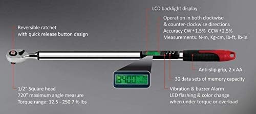 ACDelco ARM303-4A-340 1/2” (12,5 ila 250,7 ft-lbs.) Buzzer ve LED Flaş Bildirimi ile Ağır Hizmet Tipi Dijital Tork Anahtarı-Kalibrasyon