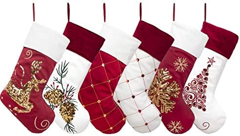 GEX Aile Noel Çorap 6 Set Yeni Nakış Payetler 20 Büyük Dekor Kırmızı Beyaz Altın Asılı Süsleme Şömine Noel Ağacı Tatil Parti