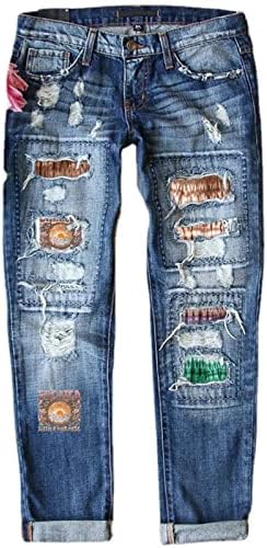 Mod Anne Bayan Kot Pantolon Düz Bacak Pantolon Yırtık Baskı Orta Bel Düz Kot Boyutu Kot