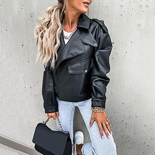 Kadın Sonbahar Kış Ceket Ceket Siyah Deri Uzun Kollu Dantel-up Cep Düğmesi Kısa Ceket Moda Rahat Dış Giyim