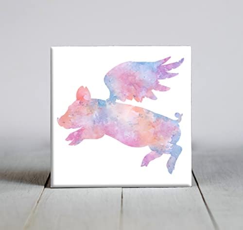 Uçan domuz pembe soyut Suluboya sanat dekoratif karo (6 X 6 çerçeveli)