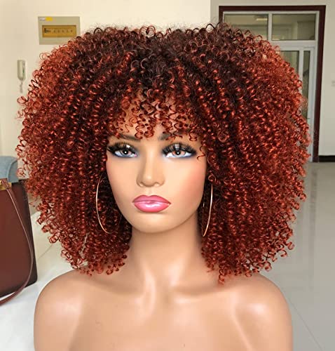 CC Saç 14 inç Kıvırcık Afro Peruk Siyah Kadınlar için Kısa Kinky Kıvırcık kahküllü peruk Siyah Bakır Afro Saç Sentetik Elyaf